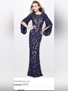 Primavera Couture Navy Beaded Long Sleeve Evening Gown